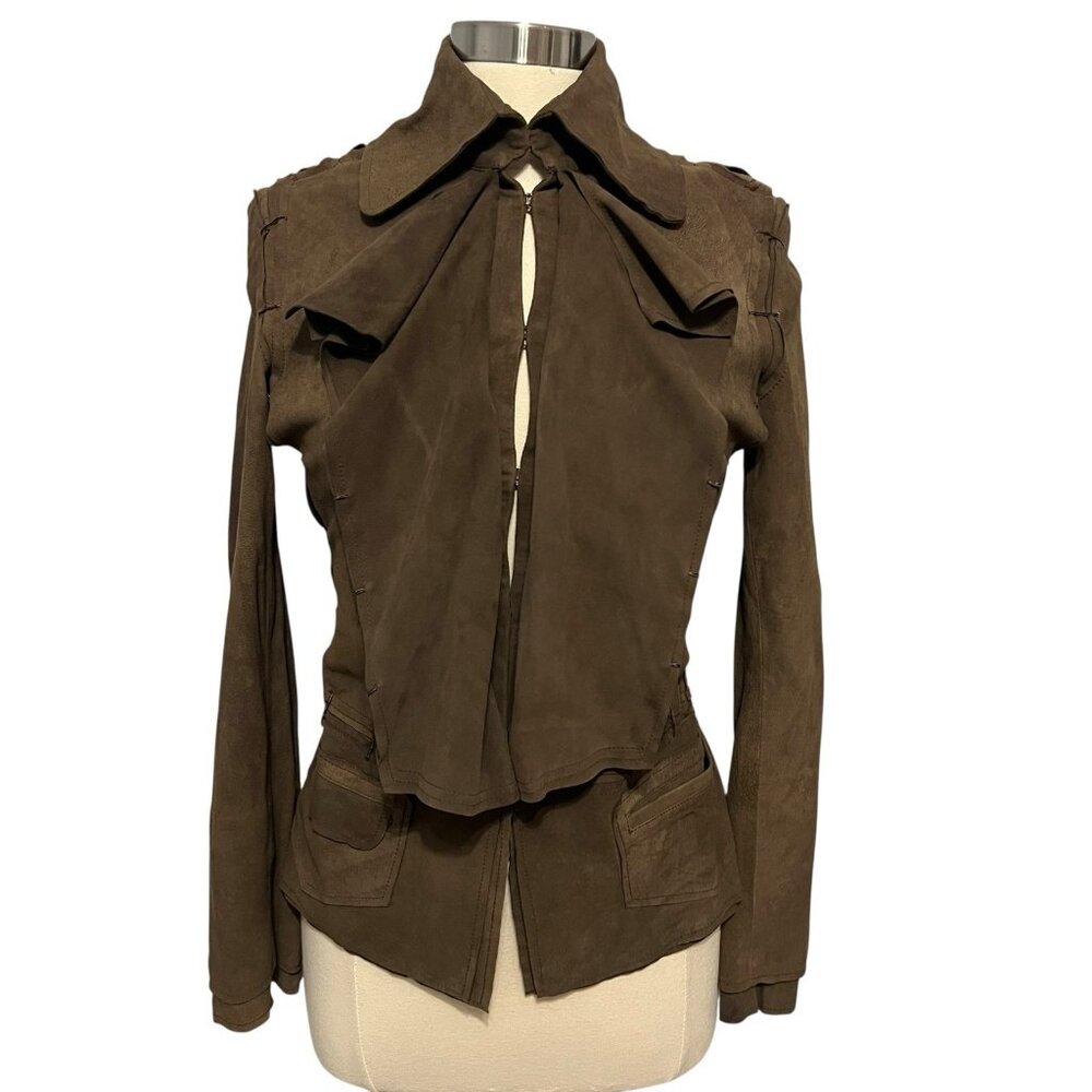 Free People Goat Suede Leather Jacket Cascading Draped Lapel Women’s Size 4